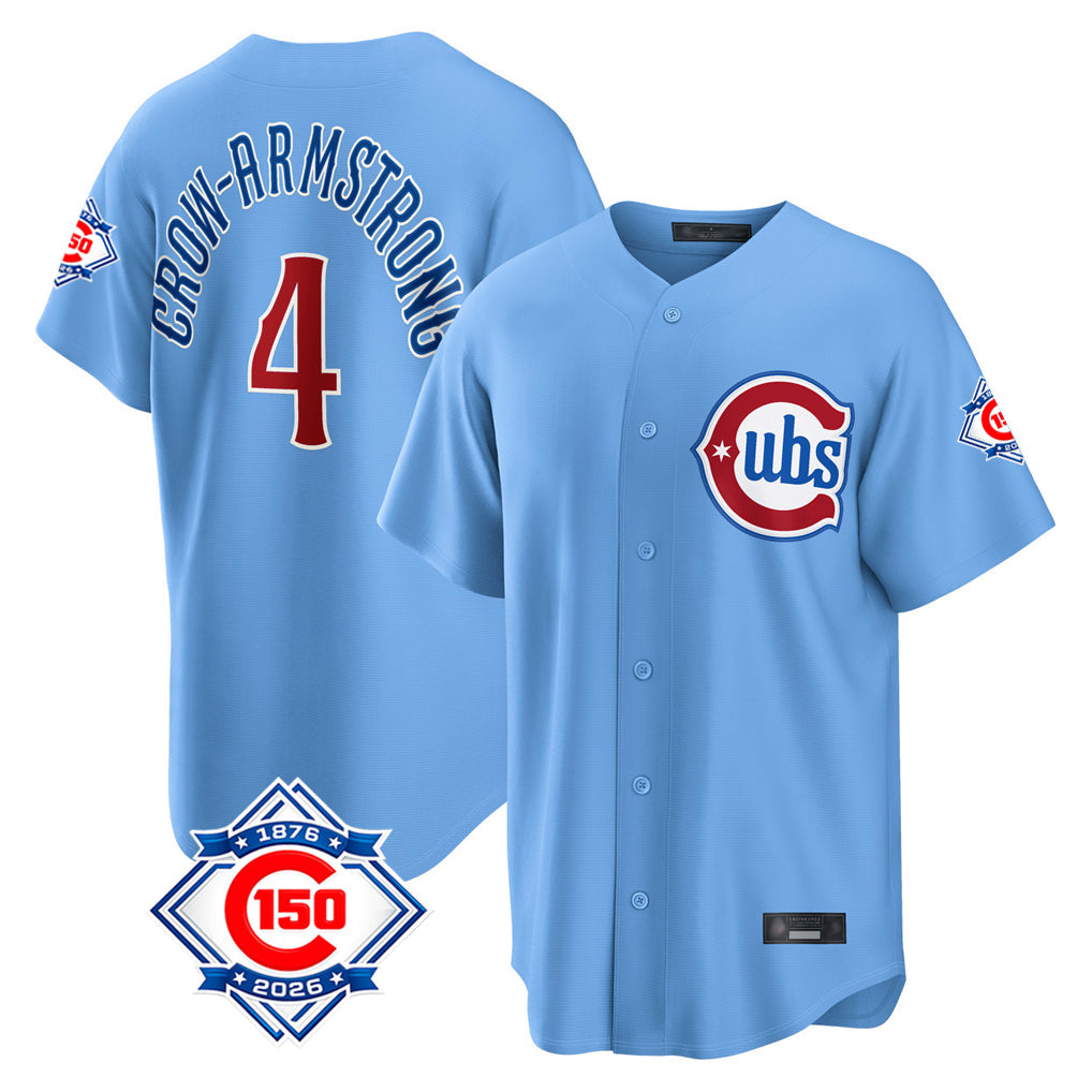 Elroe C.Cubs #4 Pete Crow-Armstrong Player Light Blue 150th Anniversary Home Game Stitched Jerseys