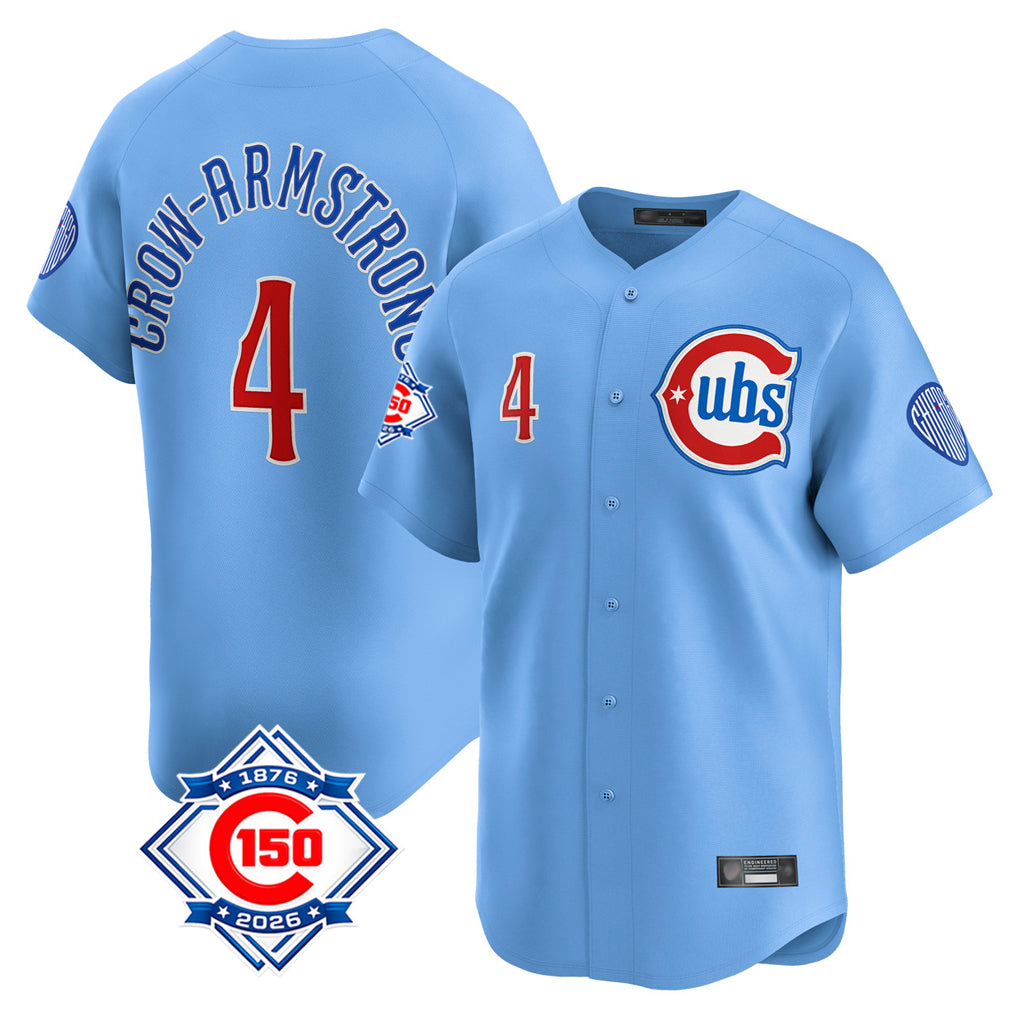 Elroe C.Cubs #4 Pete Crow-Armstrong Player Light Blue 150th Anniversary Limited Home Stitched Jerseys