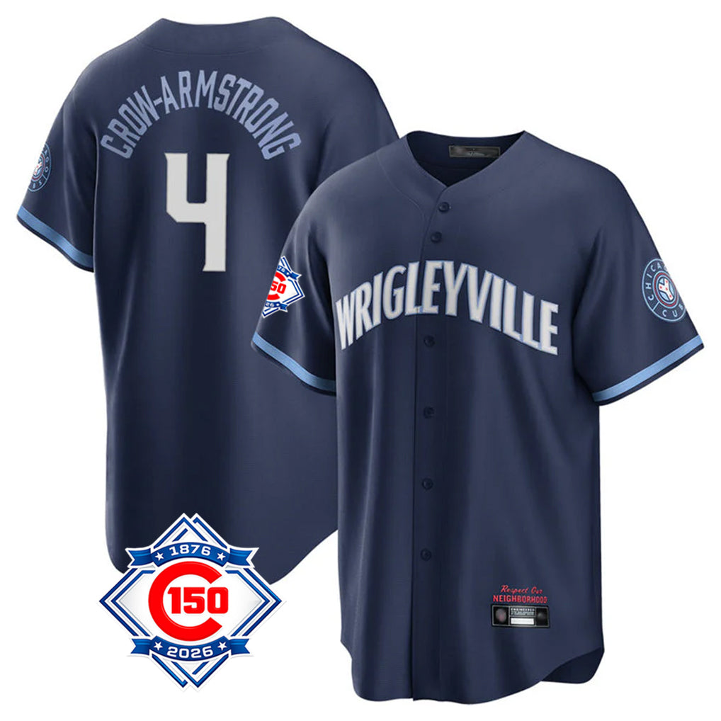 Elroe C.Cubs #4 Pete Crow-Armstrong Player Navy 150th Anniversary City Connect Home Game Stitched Jerseys