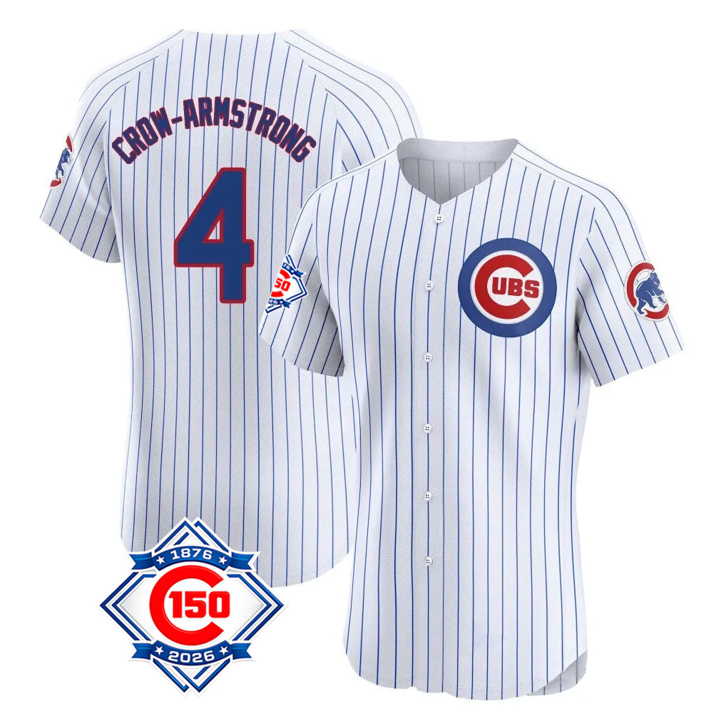 Elroe C.Cubs #4 Pete Crow-Armstrong Player White 150th Anniversary Limited Elite Home Game Stitched Jerseys