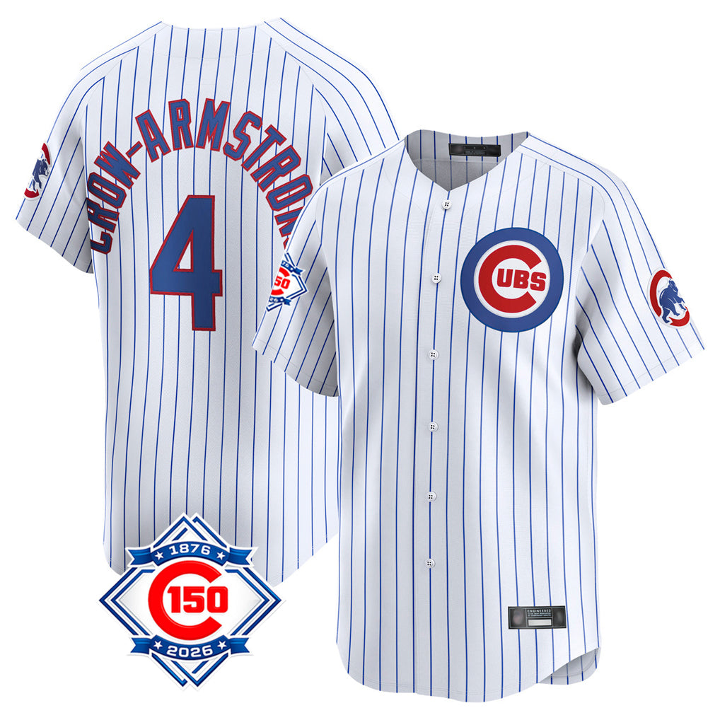 Elroe C.Cubs #4 Pete Crow-Armstrong Player White 150th Anniversary Limited Home Game Stitched Jerseys