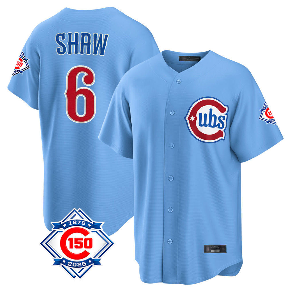 Elroe C.Cubs #6 Matt Shaw Player Light Blue 150th Anniversary Home Game Stitched Jerseys
