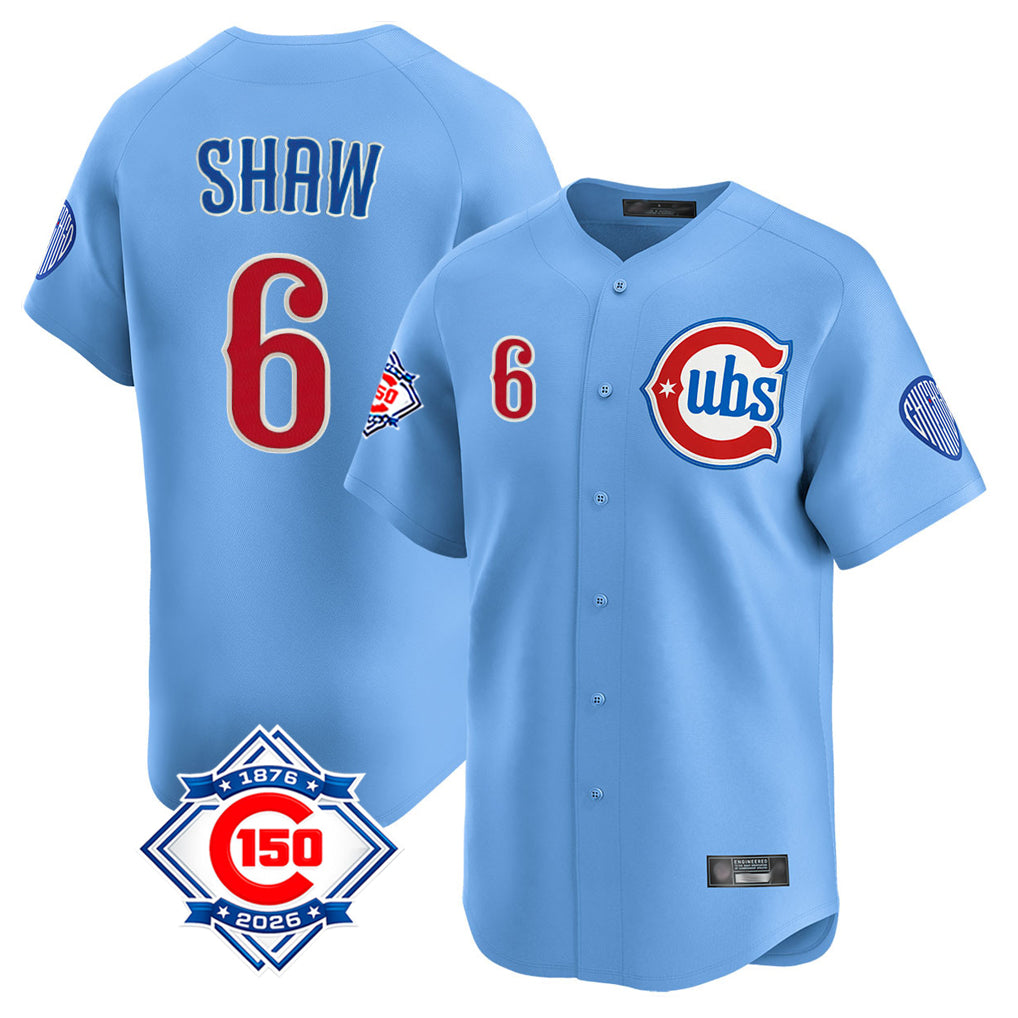 Elroe C.Cubs #6 Matt Shaw Player Light Blue 150th Anniversary Limited Home Stitched Jerseys
