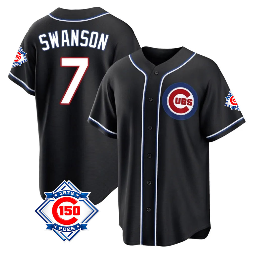 Elroe C.Cubs #7 Dansby Swanson Player Black Fashion Out 150th Anniversary Game Stitched Jerseys