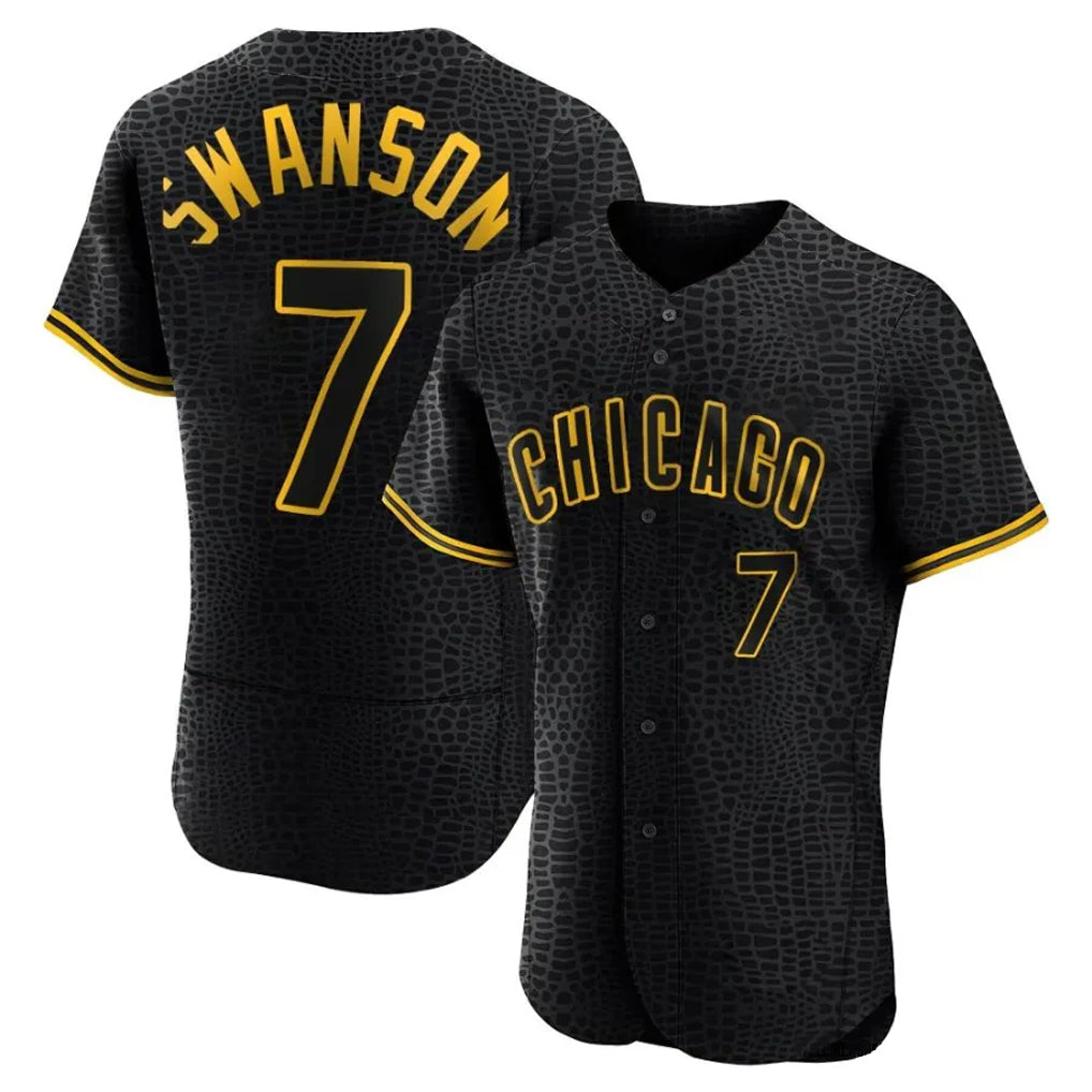 Elroe C.Cubs #7 Dansby Swanson Player Black Snake Skin City Limited Elite Home Game Stitched Jerseys