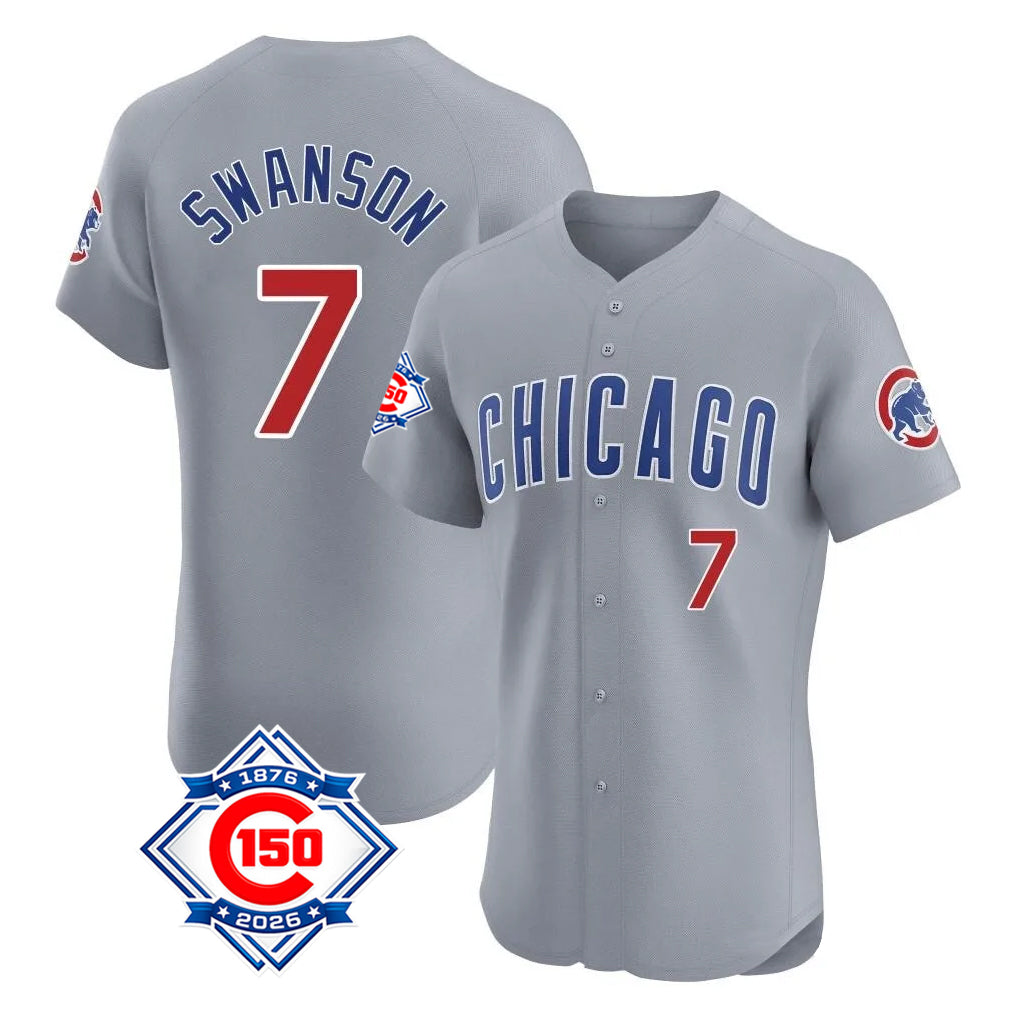 Elroe C.Cubs #7 Dansby Swanson Player Gray Road 150th Anniversary Limited Elite Home Stitched Jerseys