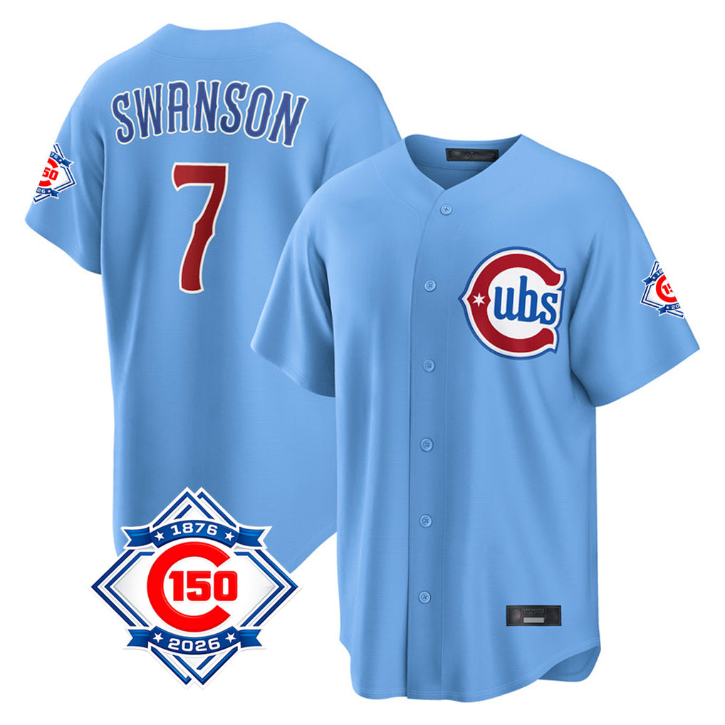 Elroe C.Cubs #7 Dansby Swanson Player Light Blue 150th Anniversary Home Game Stitched Jerseys