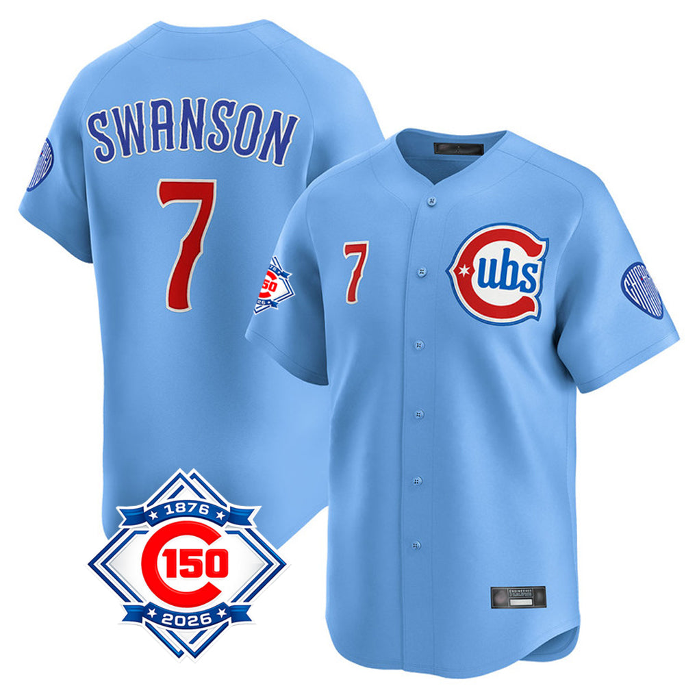 Elroe C.Cubs #7 Dansby Swanson Player Light Blue 150th Anniversary Limited Home Stitched Jerseys