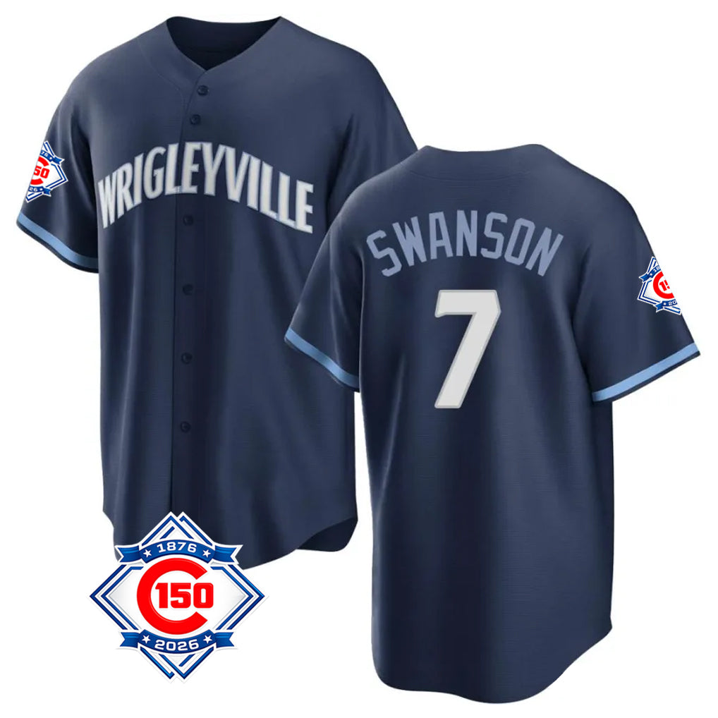 Elroe C.Cubs #7 Dansby Swanson Player Navy 150th Anniversary City Connect Home Game Stitched Jerseys