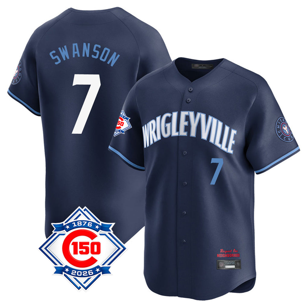 Elroe C.Cubs #7 Dansby Swanson Player Navy City Connect 150th Anniversary Limited Home Stitched Jerseys