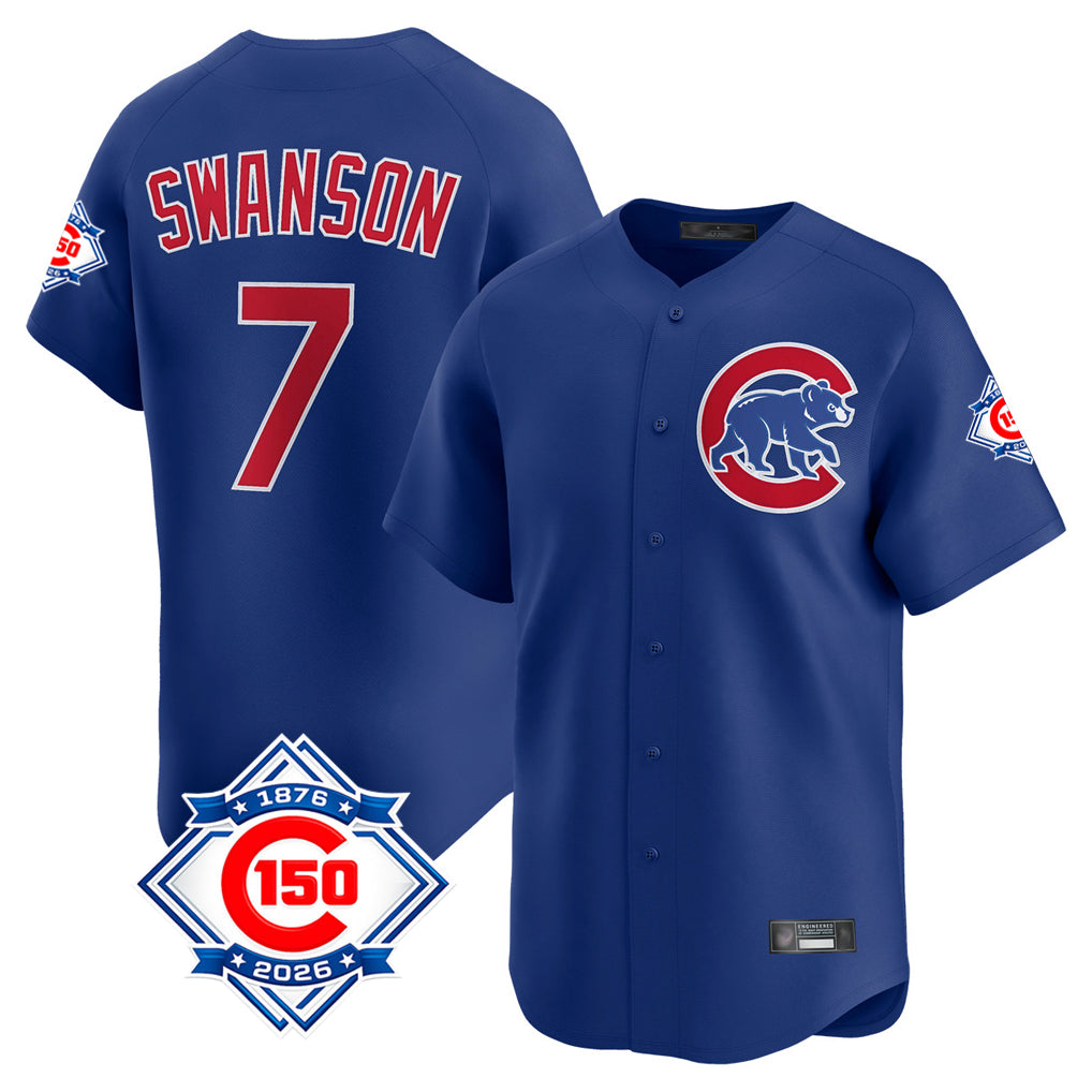 Elroe C.Cubs #7 Dansby Swanson Player Royal 150th Anniversary Limited Home Stitched Jerseys