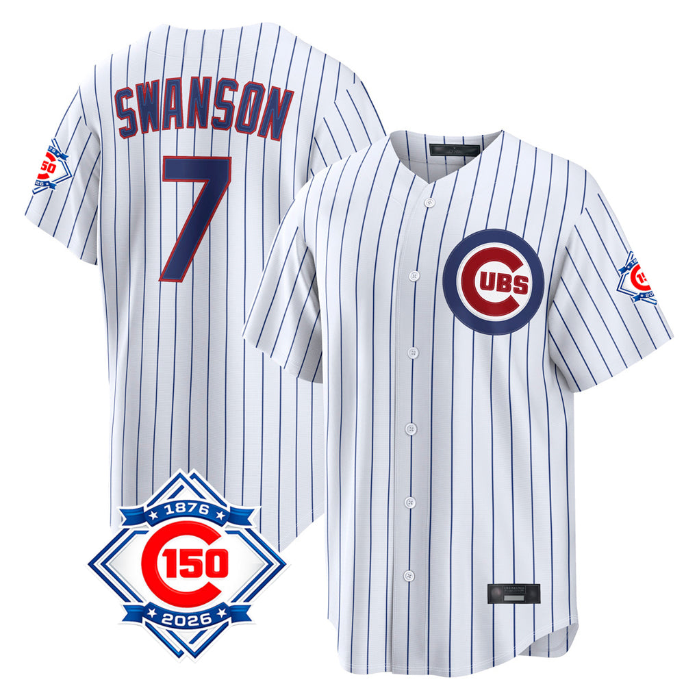 Elroe C.Cubs #7 Dansby Swanson Player White 150th Anniversary Game Home Stitched Jerseys