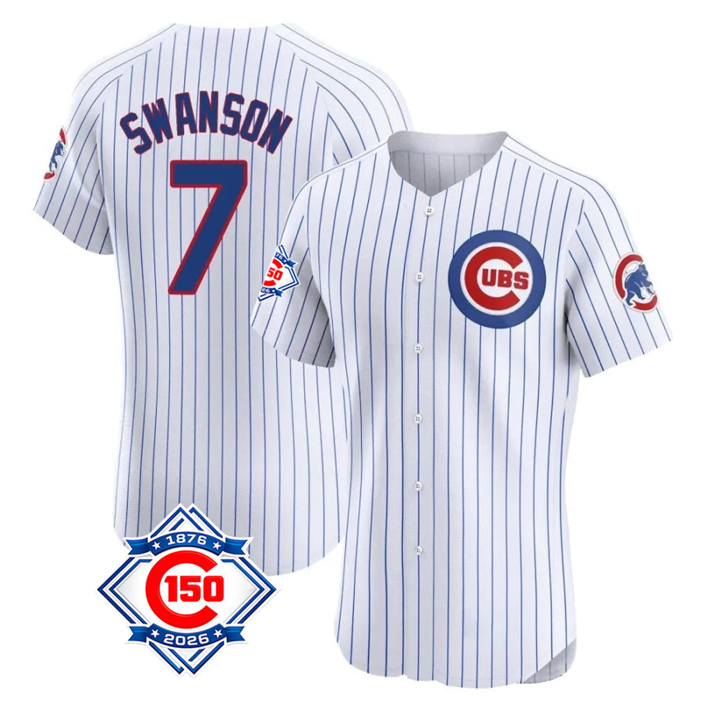Elroe C.Cubs #7 Dansby Swanson Player White 150th Anniversary Limited Elite Home Game Stitched Jerseys