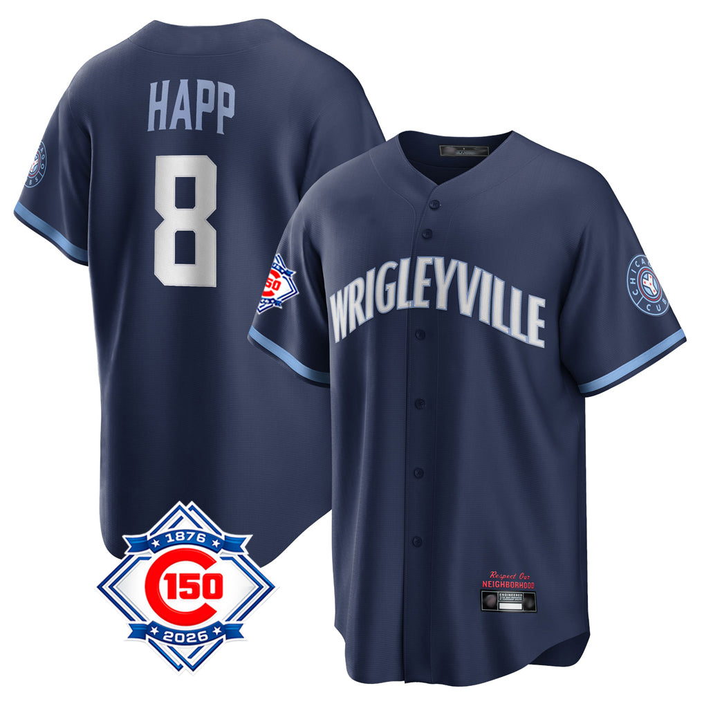 Elroe C.Cubs #8 Ian Happ Player Navy 150th Anniversary City Connect Home Game Stitched Jerseys