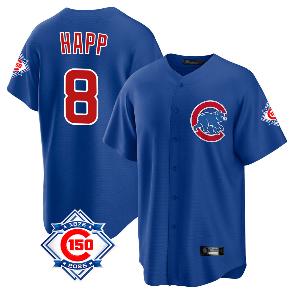 Elroe C.Cubs #8 Ian Happ Player Royal 150th Anniversary Home Game Stitched Jerseys