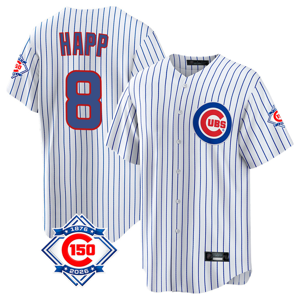 Elroe C.Cubs #8 Ian Happ Player White 150th Anniversary Home Game Stitched Jerseys