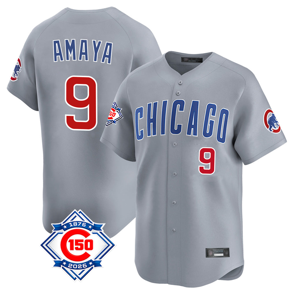Elroe C.Cubs #9 Miguel Amaya Player Gray Road 150th Anniversary Limited Home Stitched Jerseys