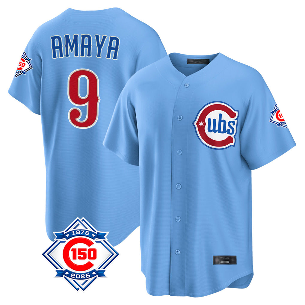 Elroe C.Cubs #9 Miguel Amaya Player Light Blue 150th Anniversary Home Game Stitched Jerseys