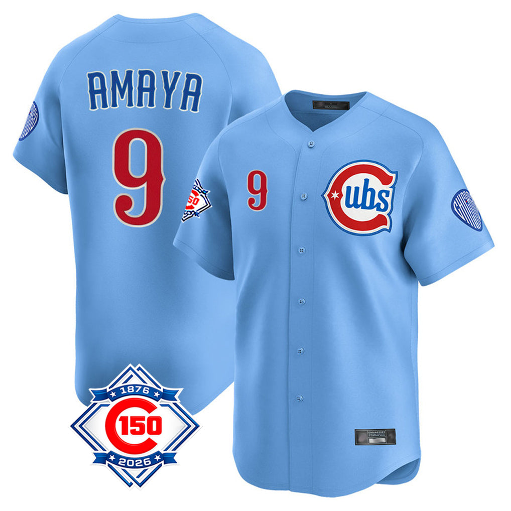 Elroe C.Cubs #9 Miguel Amaya Player Light Blue 150th Anniversary Limited Home Stitched Jerseys