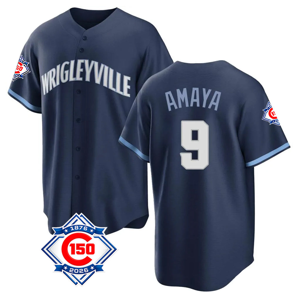 Elroe C.Cubs #9 Miguel Amaya Player Navy 150th Anniversary City Connect Home Game Stitched Jerseys