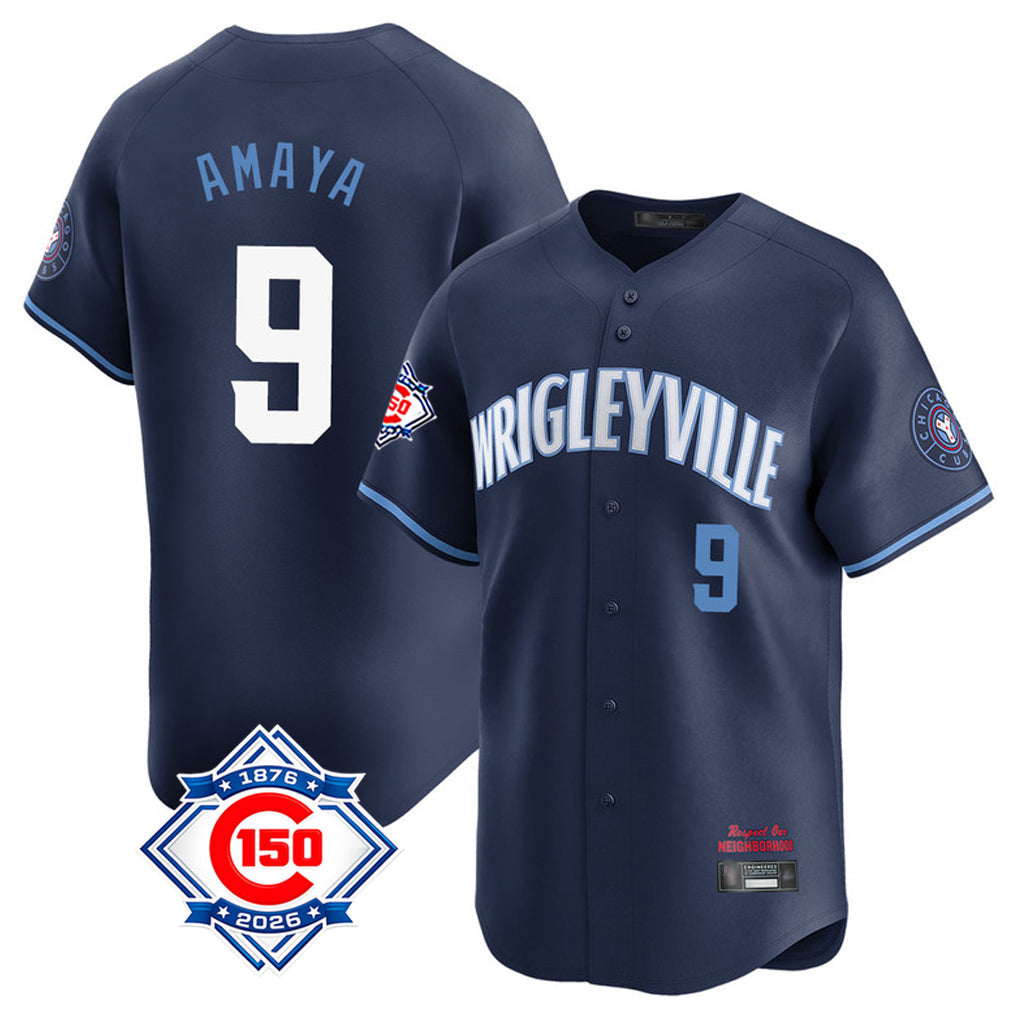 Elroe C.Cubs #9 Miguel Amaya Player Navy City Connect 150th Anniversary Limited Home Stitched Jerseys