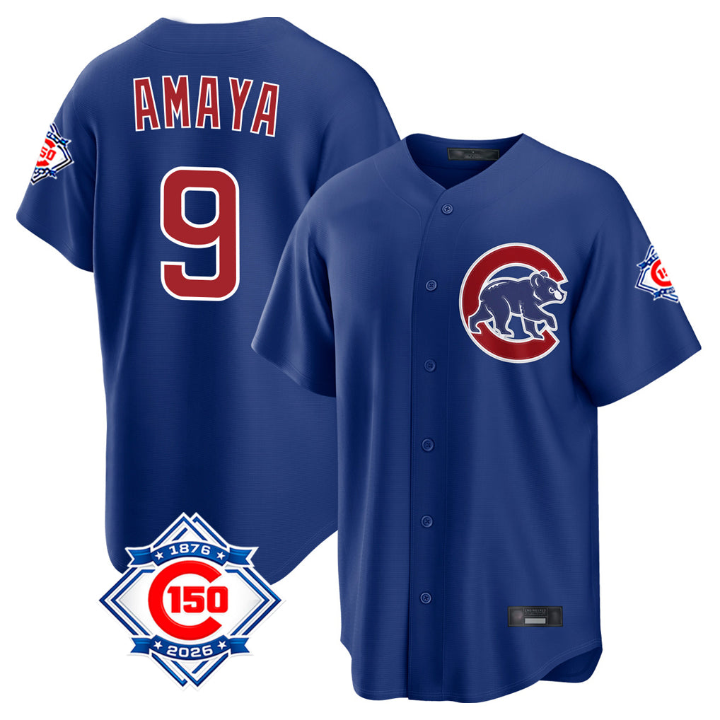 Elroe C.Cubs #9 Miguel Amaya Player Royal 150th Anniversary Home Game Stitched Jerseys