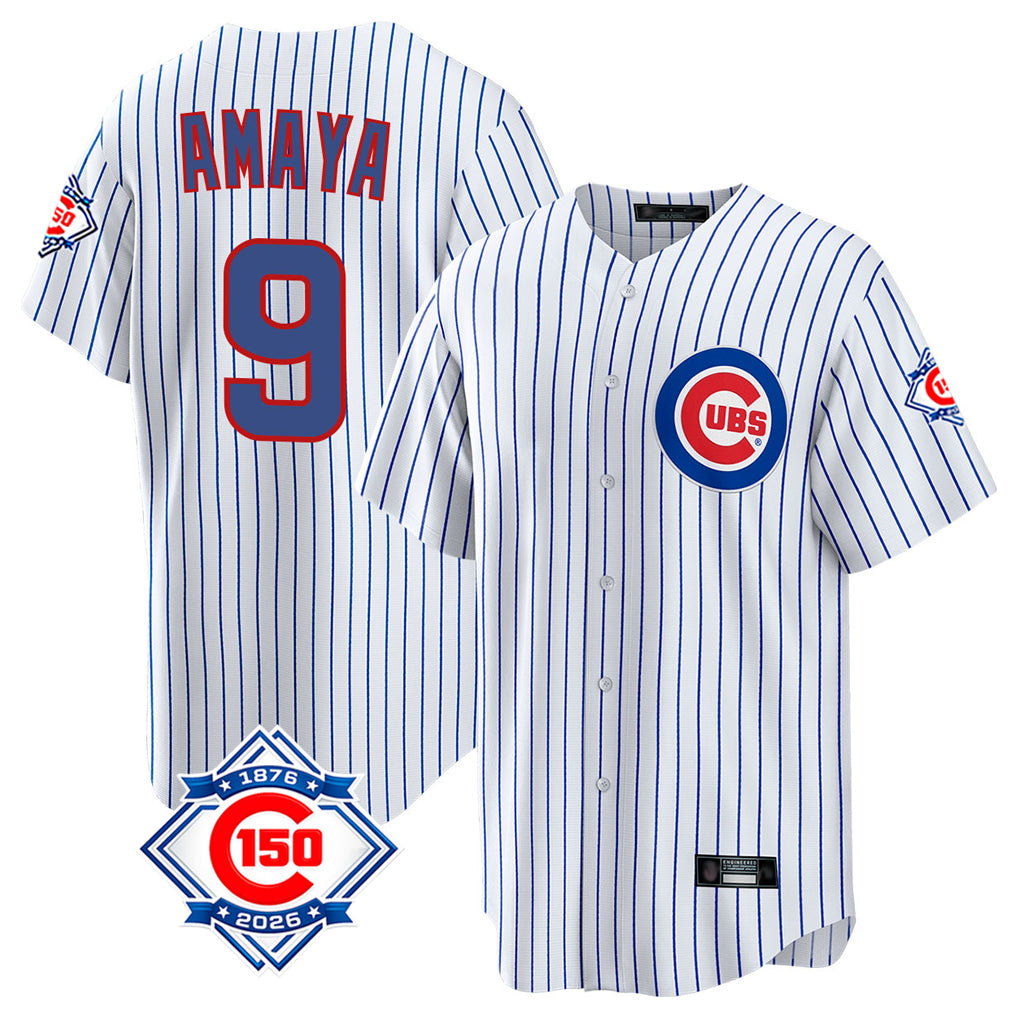 Elroe C.Cubs #9 Miguel Amaya Player White 150th Anniversary Home Game Stitched Jerseys