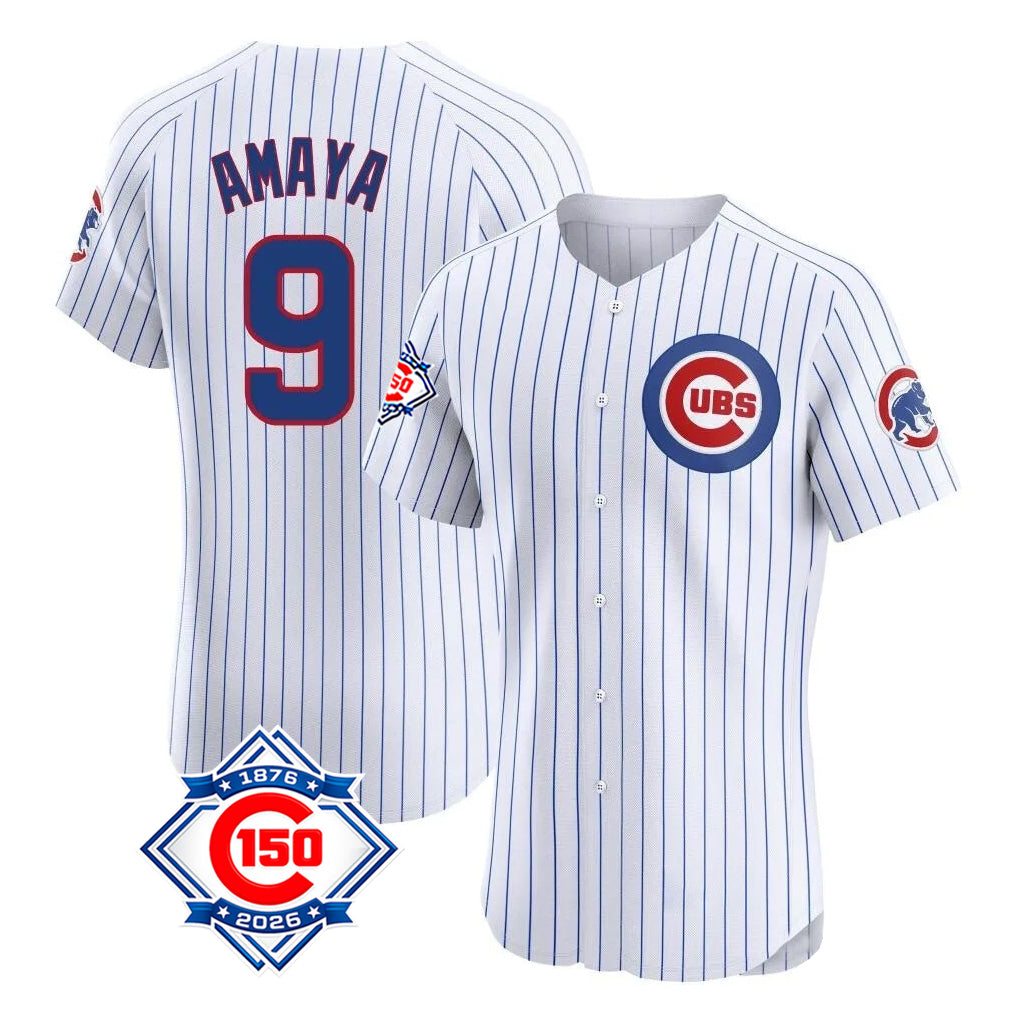 Elroe C.Cubs #9 Miguel Amaya Player White 150th Anniversary Limited Elite Home Game Stitched Jerseys