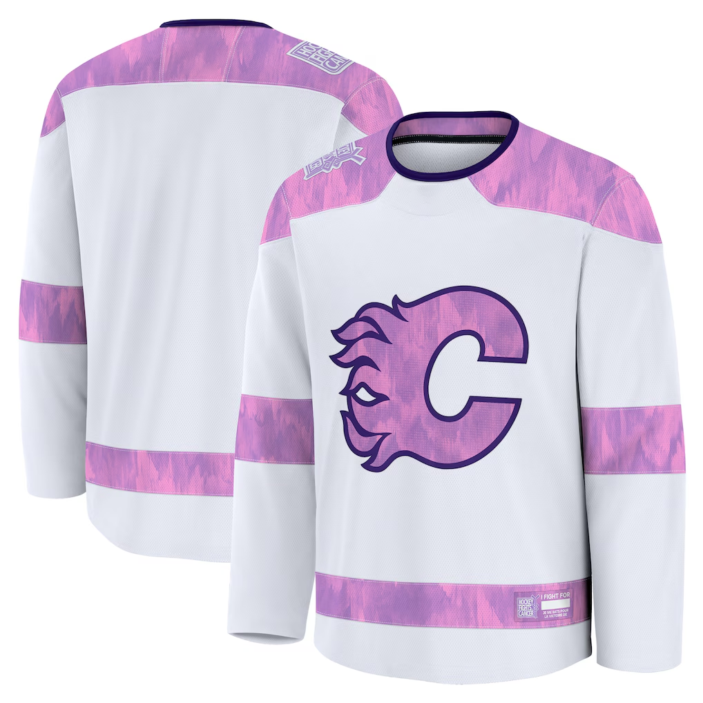 Elroe C.Flames White 2024 Hockey Fights Cancer Practice Jerseys