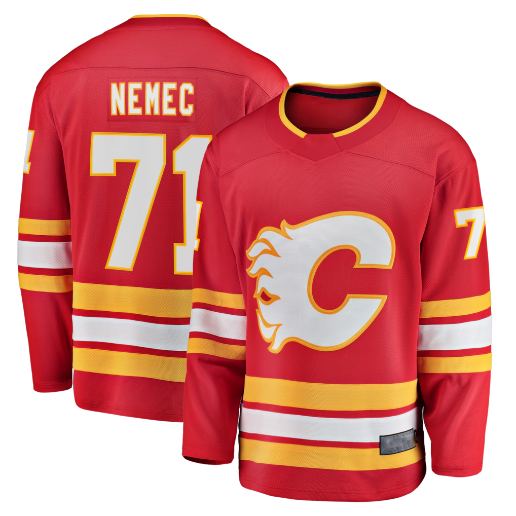 Elroe C.Flames #71 Simon Nemec Red Home Breakaway Jerseys
