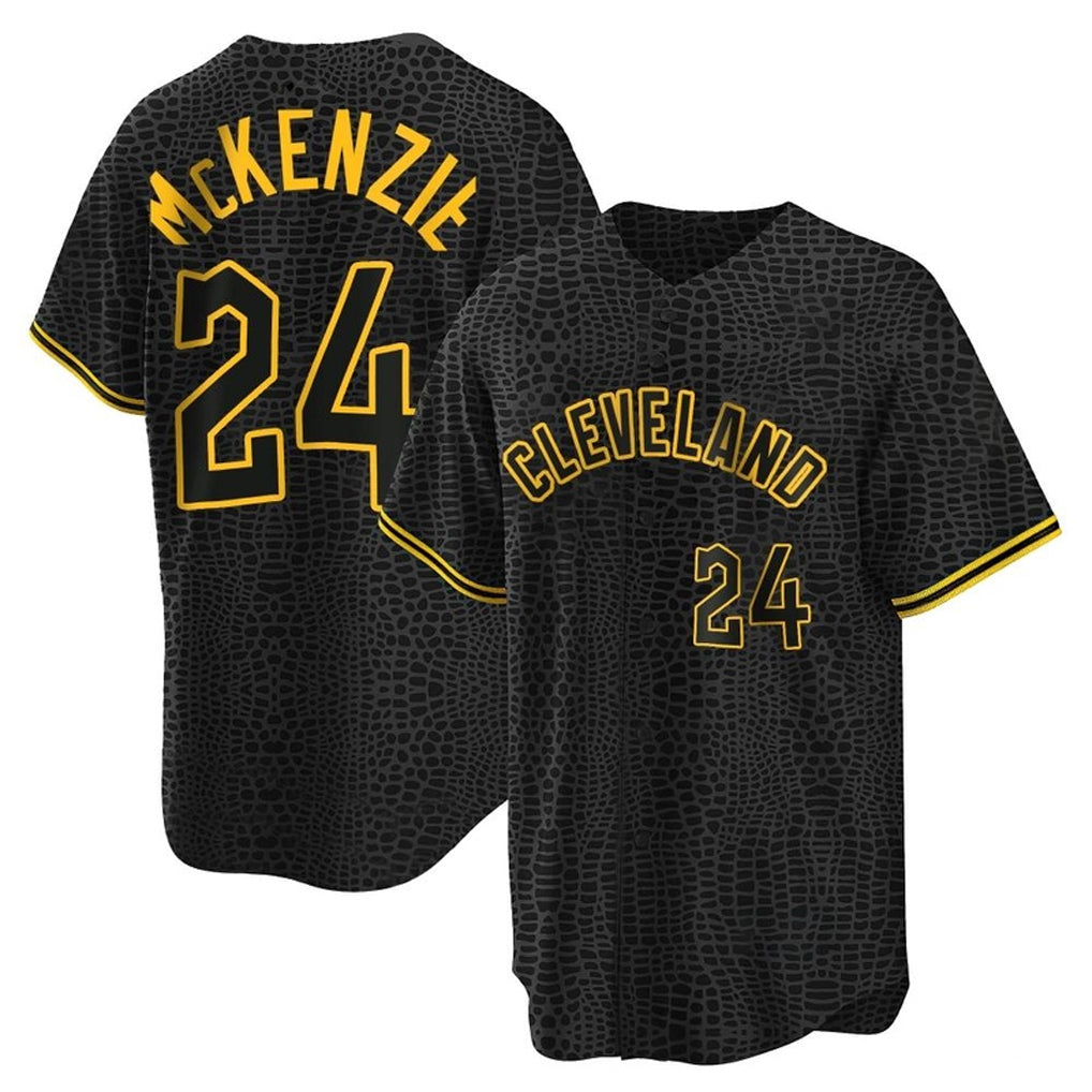 Elroe C.Guardians #24 Triston McKenzie Player Black Snake Skin City Home Game Stitched Jerseys