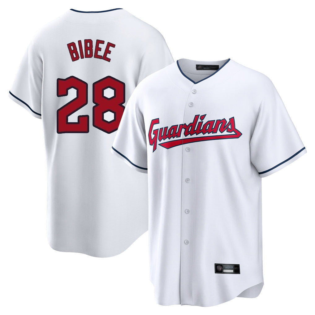 Elroe C.Guardians #28 Tanner Bibee Player White Home Game Stitched Jerseys
