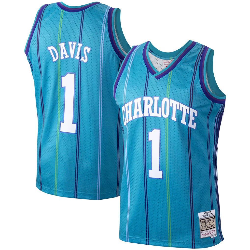 Elroe C.Hornets #1 Baron Davis Mitchell & Ness Teal 199900 Hardwood Classics Swingman Jerseys