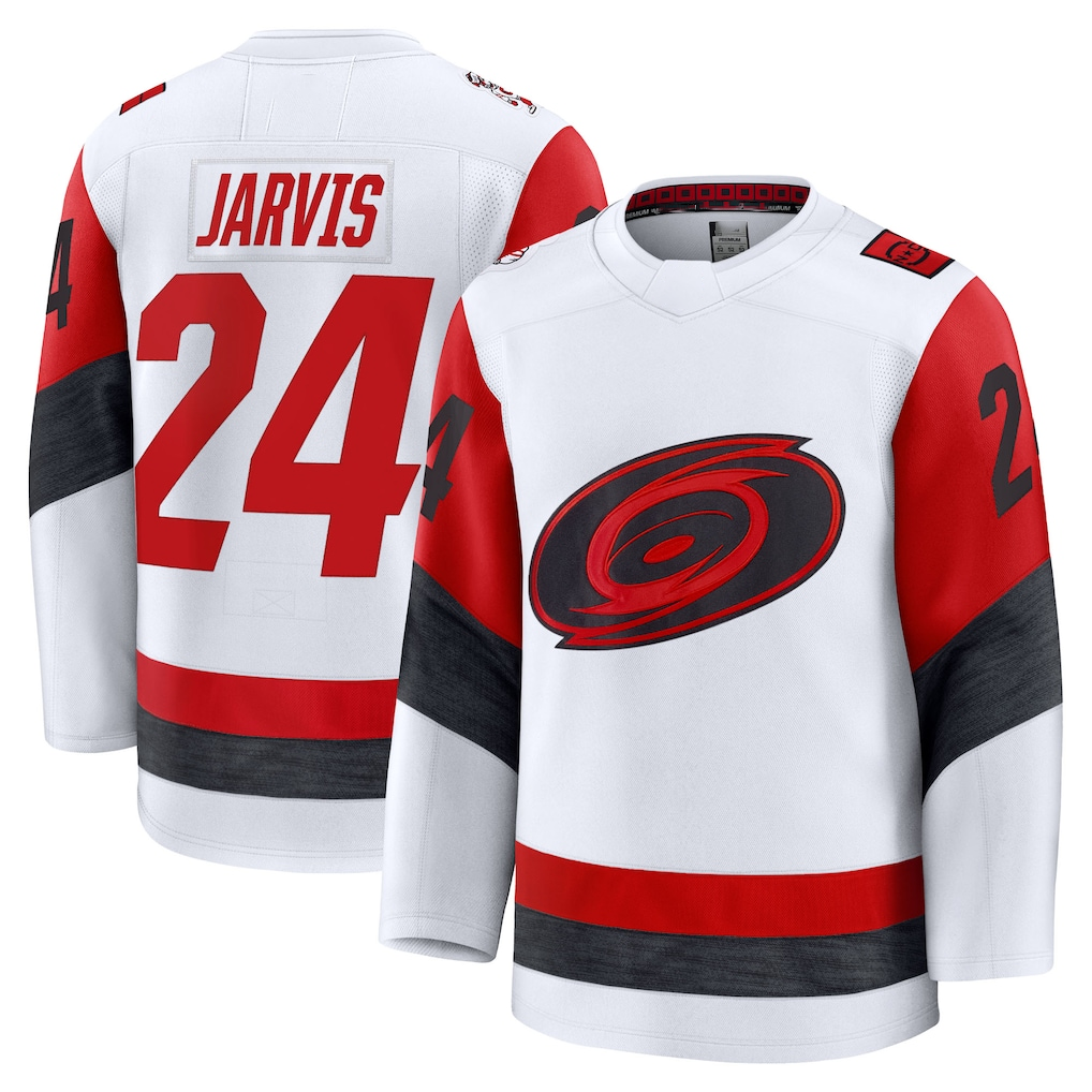 Elroe C.Hurricanes #24 Seth Jarvis White Away Premium Stitched Jerseys