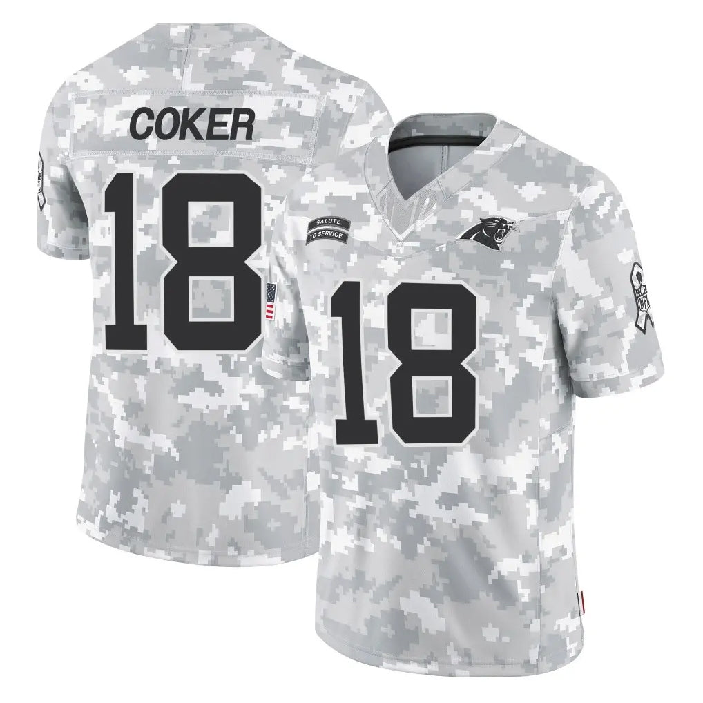 Elroe C.Panthers #18 Jalen Coker Player Arctic Camo Salute to Service Limited Game Stitched Jerseys