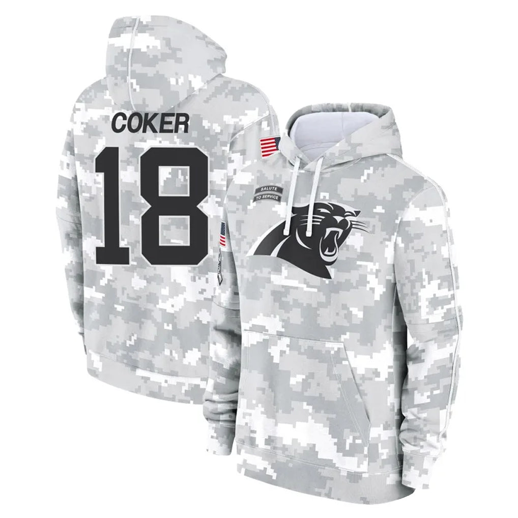 Elroe C.Panthers #18 Jalen Coker Player Arctic Camo Salute to Service Pullover Hoodies Limited Game Stitched Jerseys
