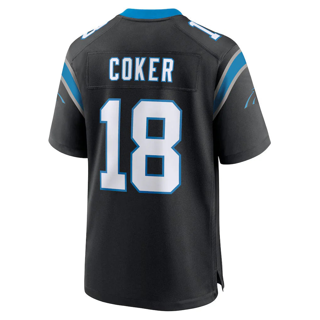 Elroe C.Panthers #18 Jalen Coker Player Black Home Game Stitched Jerseys