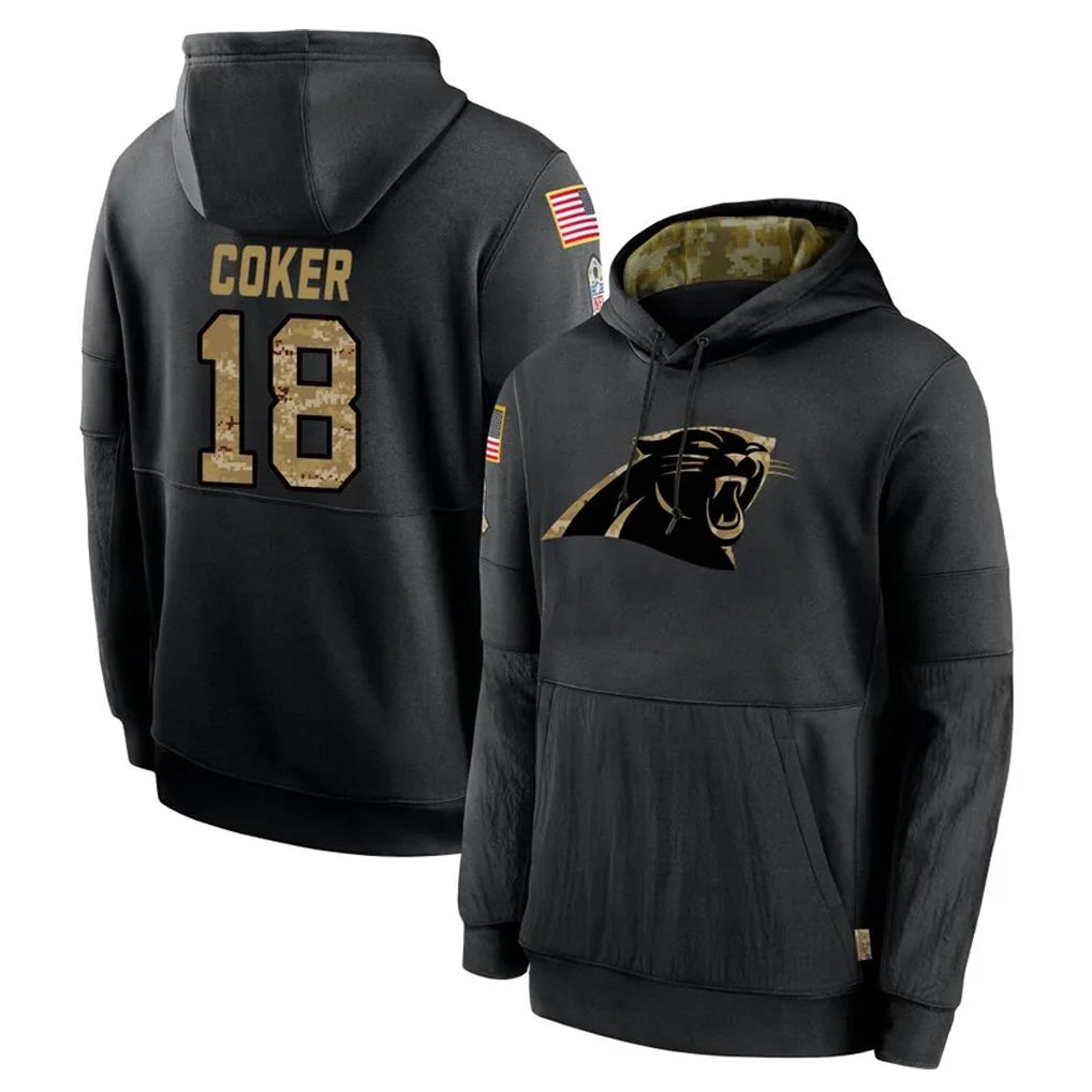 Elroe C.Panthers #18 Jalen Coker Player Black Salute to Service Pullover Hoodies Limited Game Stitched Jerseys