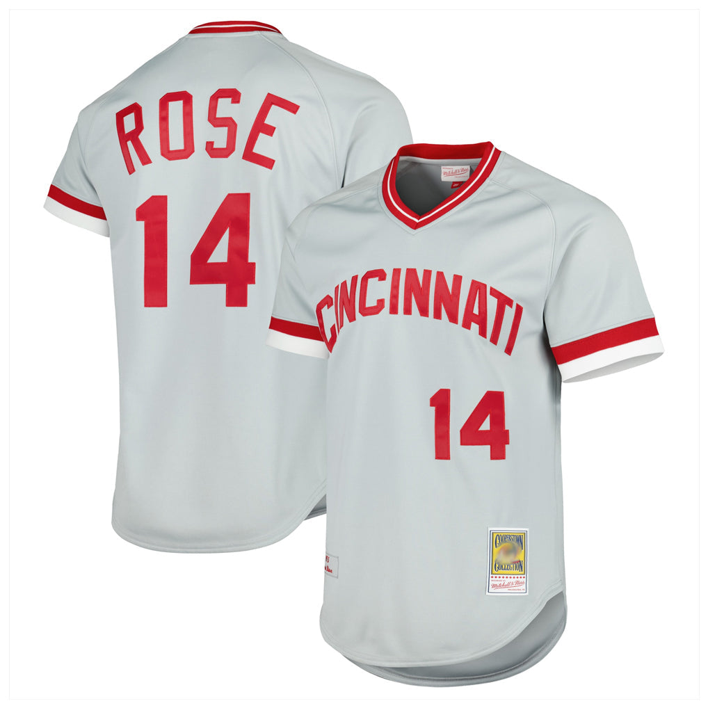 Elroe C.Reds #14 Pete Rose Player Mitchell & Ness Gray Throwback Cooperstown Mesh T-shirt Game Stitched Jerseys