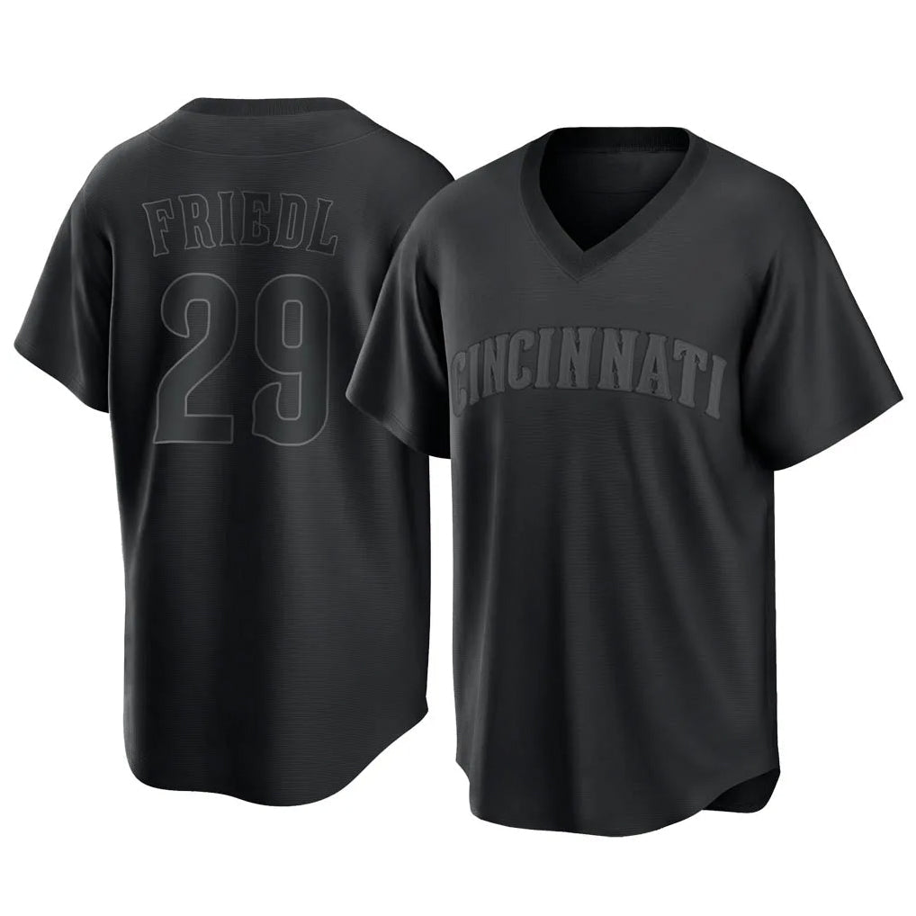 Elroe C.Reds #29 TJ Friedl Player Black T-shirt Game Home Stitched Jerseys