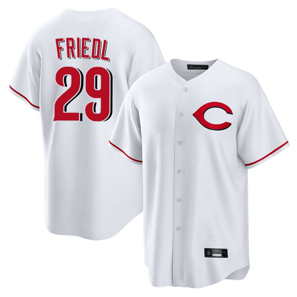 Elroe C.Reds #29 TJ Friedl Player White Home Game Stitched Jerseys