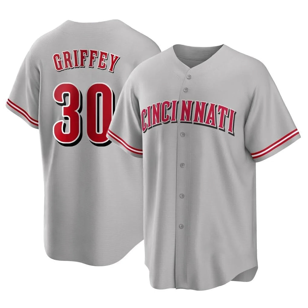 Elroe C.Reds #30 Ken Griffey Player Gray Home Game Stitched Jerseys