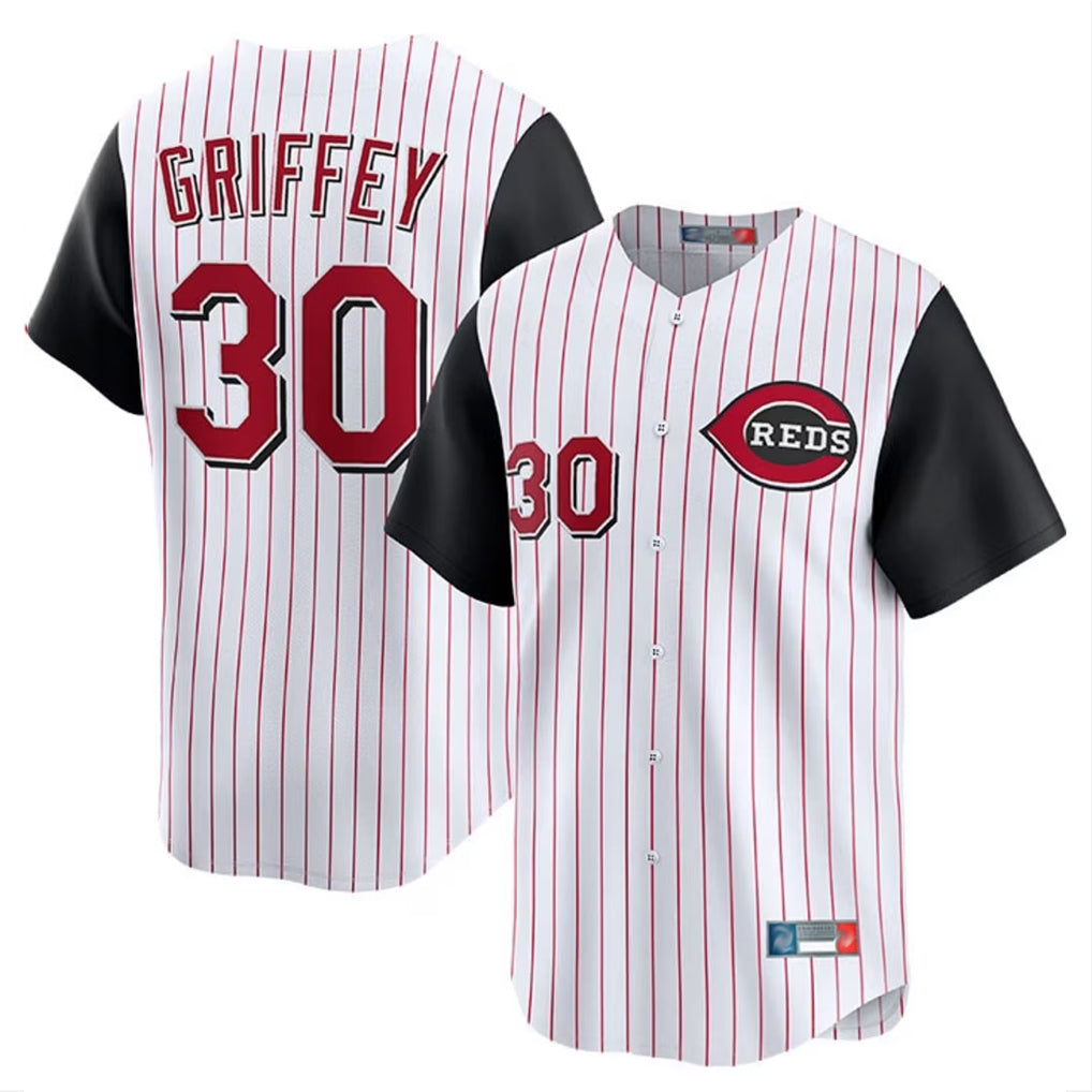 Elroe C.Reds #30 Ken Griffey Player White Black Stripe Field of Dreams Game Home Stitched Jerseys