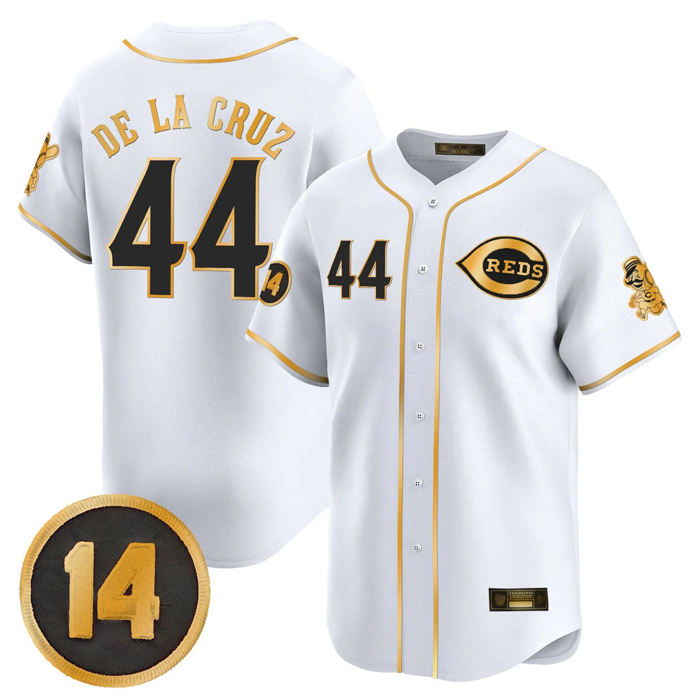Elroe C.Reds #44 Elly De La Cruz Player White-Gold Vapor Premier Limited Home Stitched Jerseys