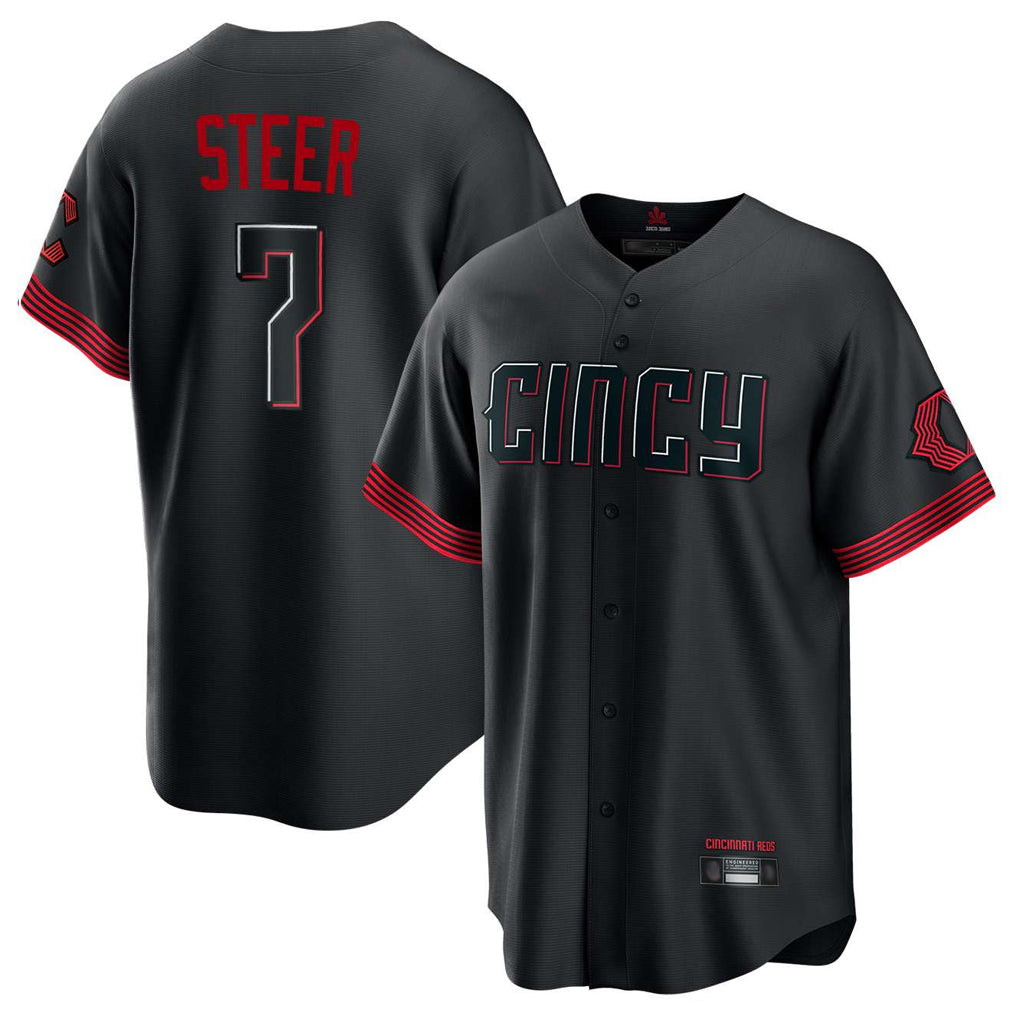 Elroe C.Reds #7 Spencer Steer Player Black City Connect Home Game Stitched Jerseys