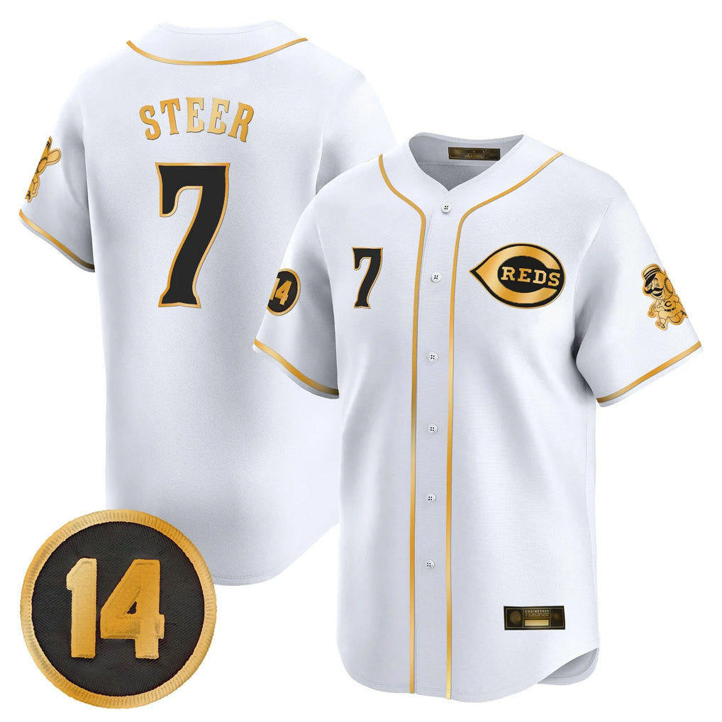 Elroe C.Reds #7 Spencer Steer Player White-Gold Vapor Premier Limited Home Stitched Jerseys