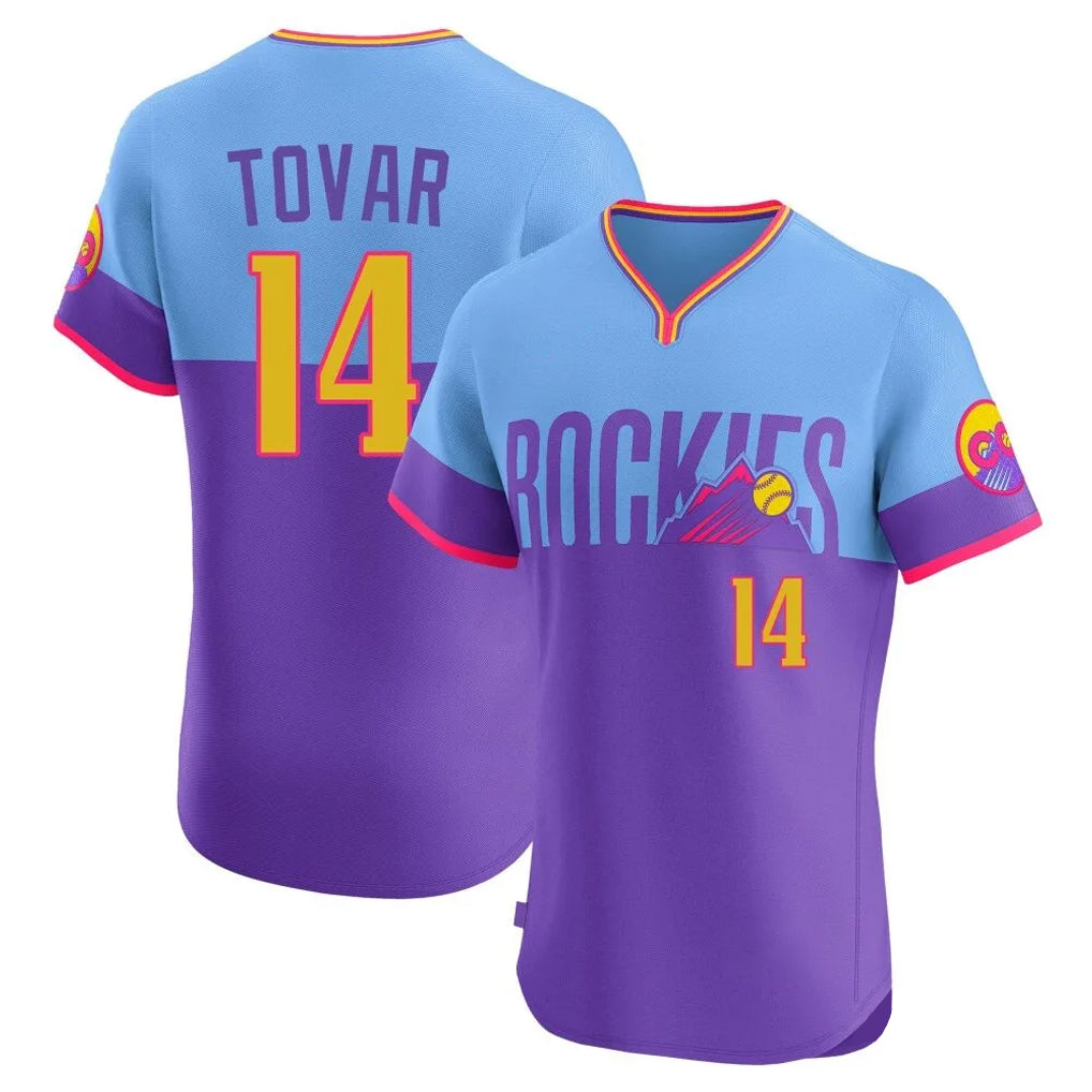 Elroe C.Rockies #14 Ezequiel Tovar Player Purple-Light Blue City Connect Limited Elite Home T-shirt Stitched Jerseys
