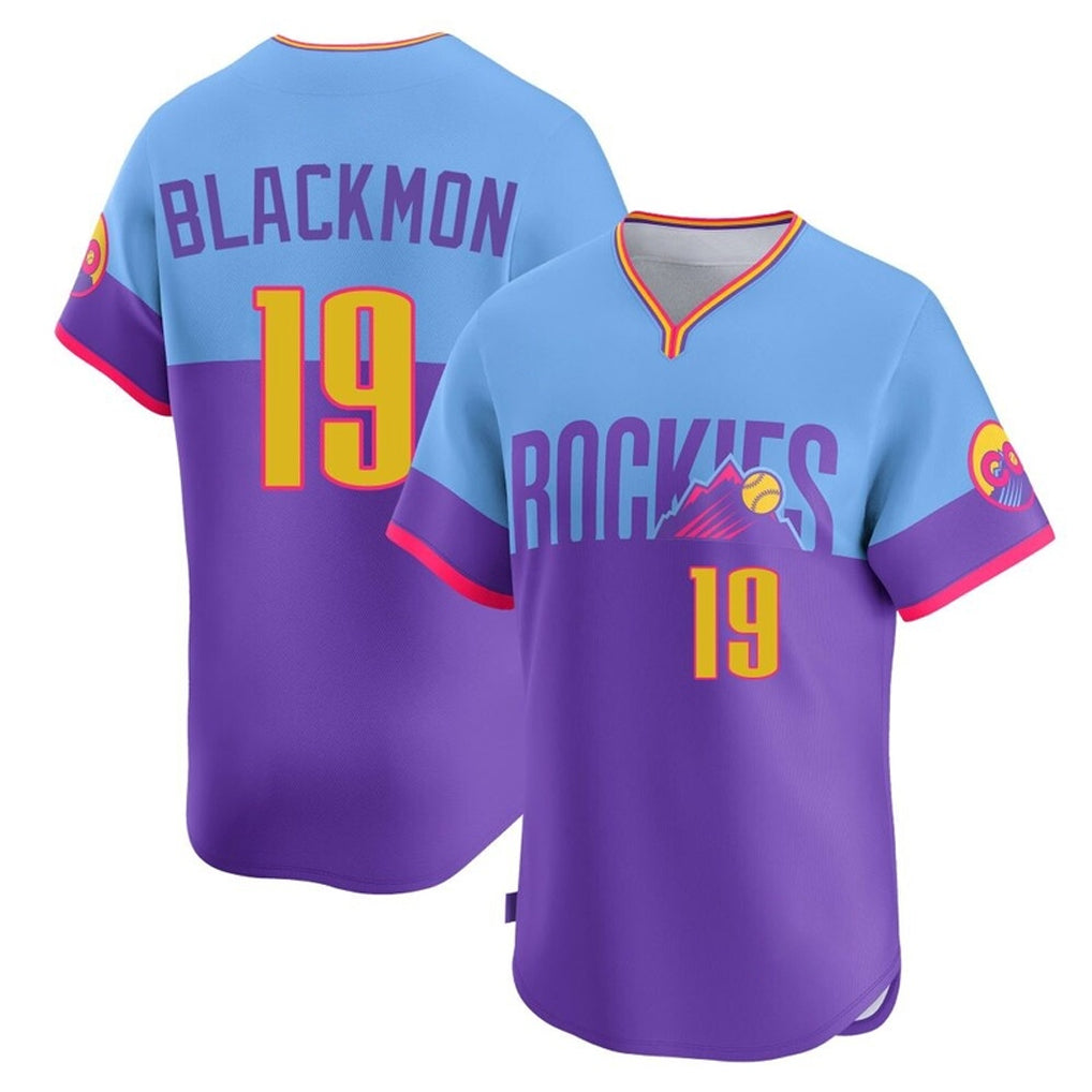 Elroe C.Rockies #19 Charlie Blackmon Player Purple-Light Blue City Connect Limited Home T-shirt Stitched Jerseys