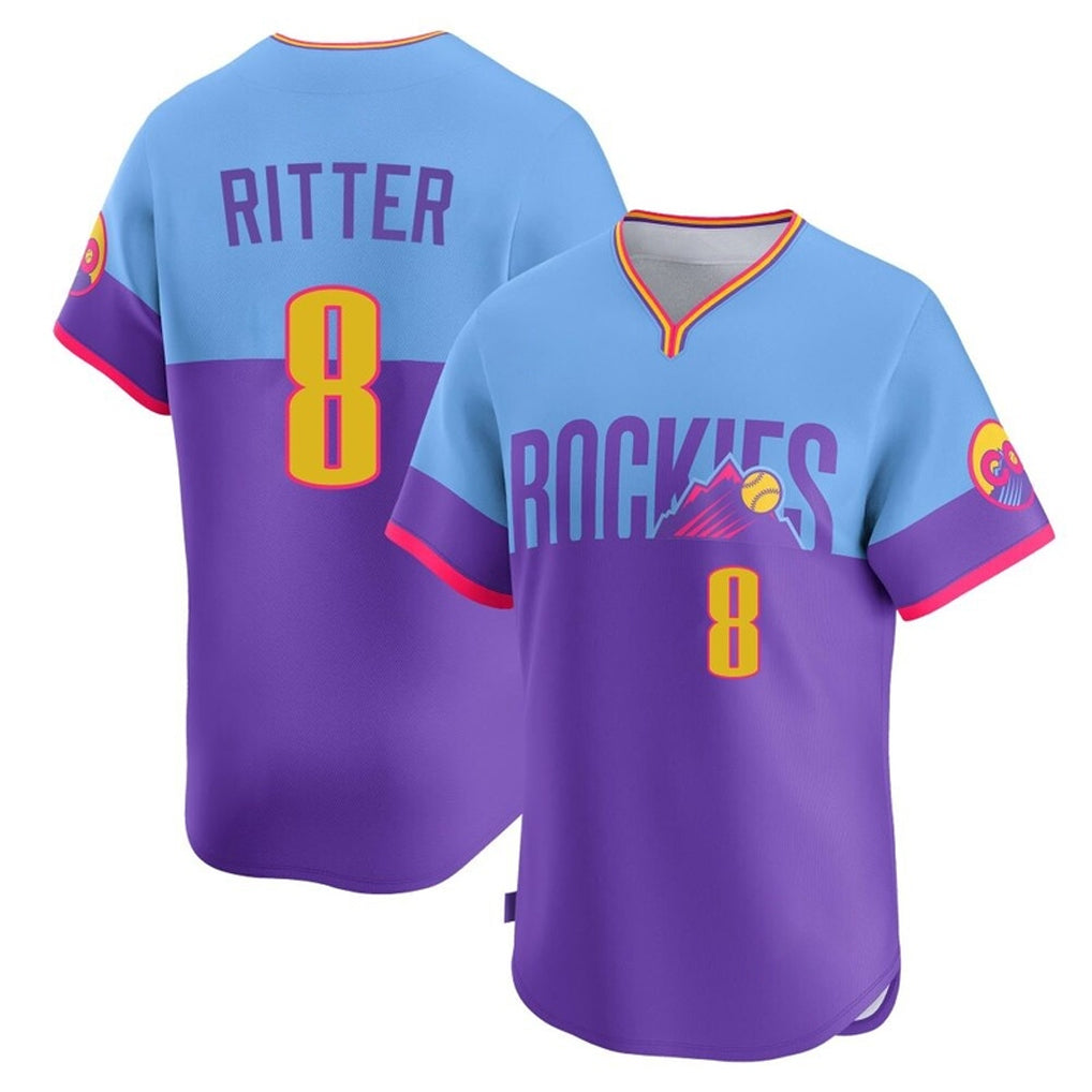 Elroe C.Rockies #8 Ryan Ritter Player Purple-Light Blue City Connect Limited Home T-shirt Stitched Jerseys