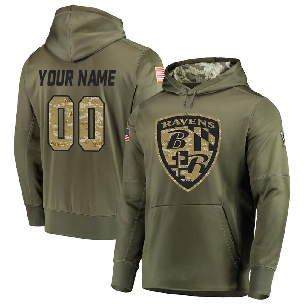 Elroe Custom B.Ravens Olive Salute to Service Pullover Hoodie Any Name & Numbers Stitched Jerseys